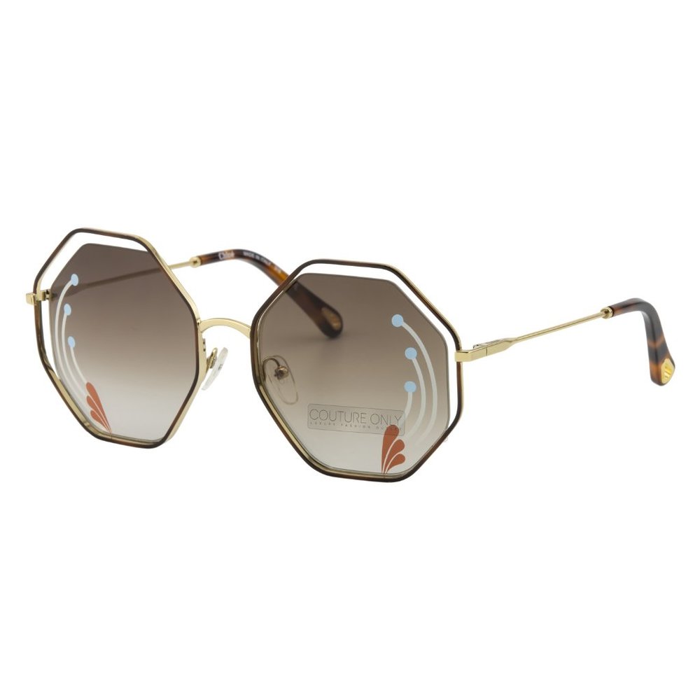 New Chloe Women Oversized Sunglasses Gold Octagon CE-132 Brown Floating Lens - Picture 4 of 9